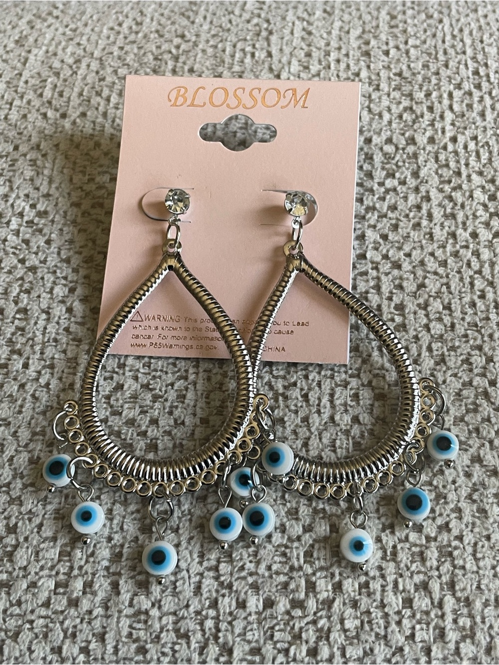 Blossom Silver Teardrop Evil Eye Dangle Earrings - Blue